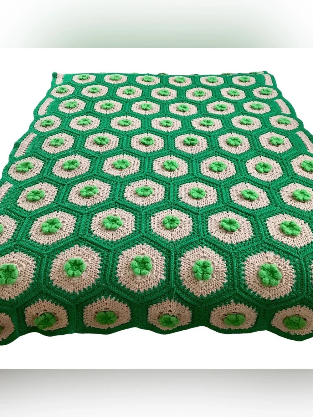 Vintage 3D Flower Handmade Crochet Granny Squares Hexagon Afghan Blanket Throw